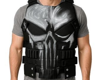Mens Punisher Inspired Tactical Genuine Leather Vest Skull Design Halloween Cosplay Costume Biker Vest