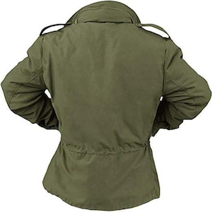 May include: Olive green military-style jacket. The jacket features a collar, shoulder epaulets, and a drawstring waist. The sleeves are long, and the jacket appears to be made of a durable fabric. The back view of the jacket is shown.