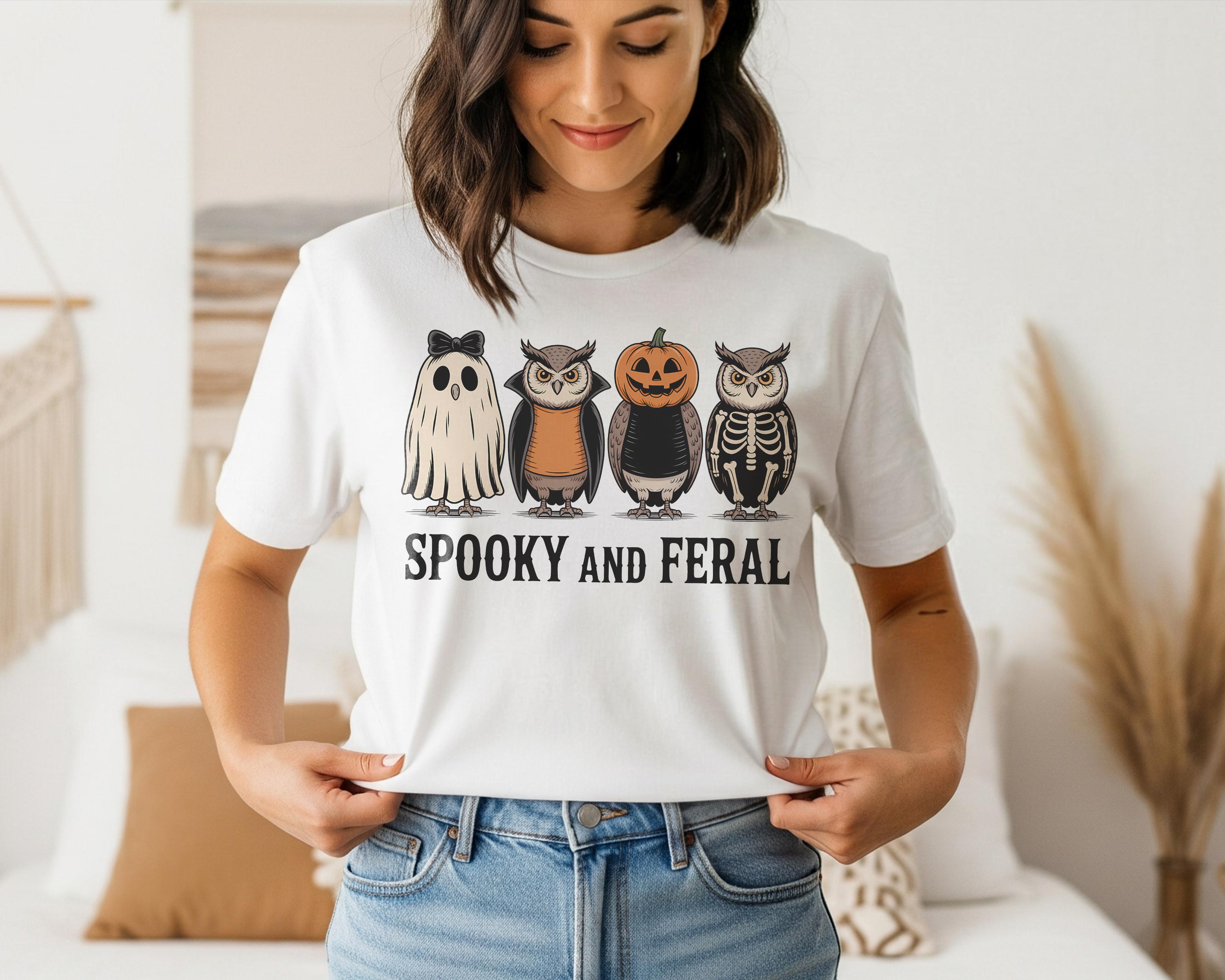 Spooky Feral Owl Halloween Shirt, Ghost Witch Pumpkin Graphic Tee, Owl Lover Costume Gift