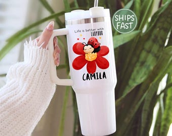 Personalized ladybug tumbler with name, insect lover gift, bug tumbler with handle, bug custom ladybug insect tumbler, bug birthday for girl