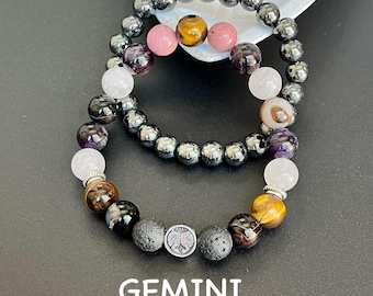 GEMINI Zodiac Bracelets Set – Natural Healing Crystals | Hematite – Duality | Clarity Jewelry – Gift for Gemini Sign – Handmade | Unique
