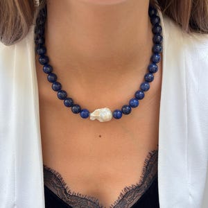 Bold Lapis Lazuli Necklace with Baroque Pearl Center – Handmade Statement Jewelry, Deep Blue Gemstone Choker, Gift for Her