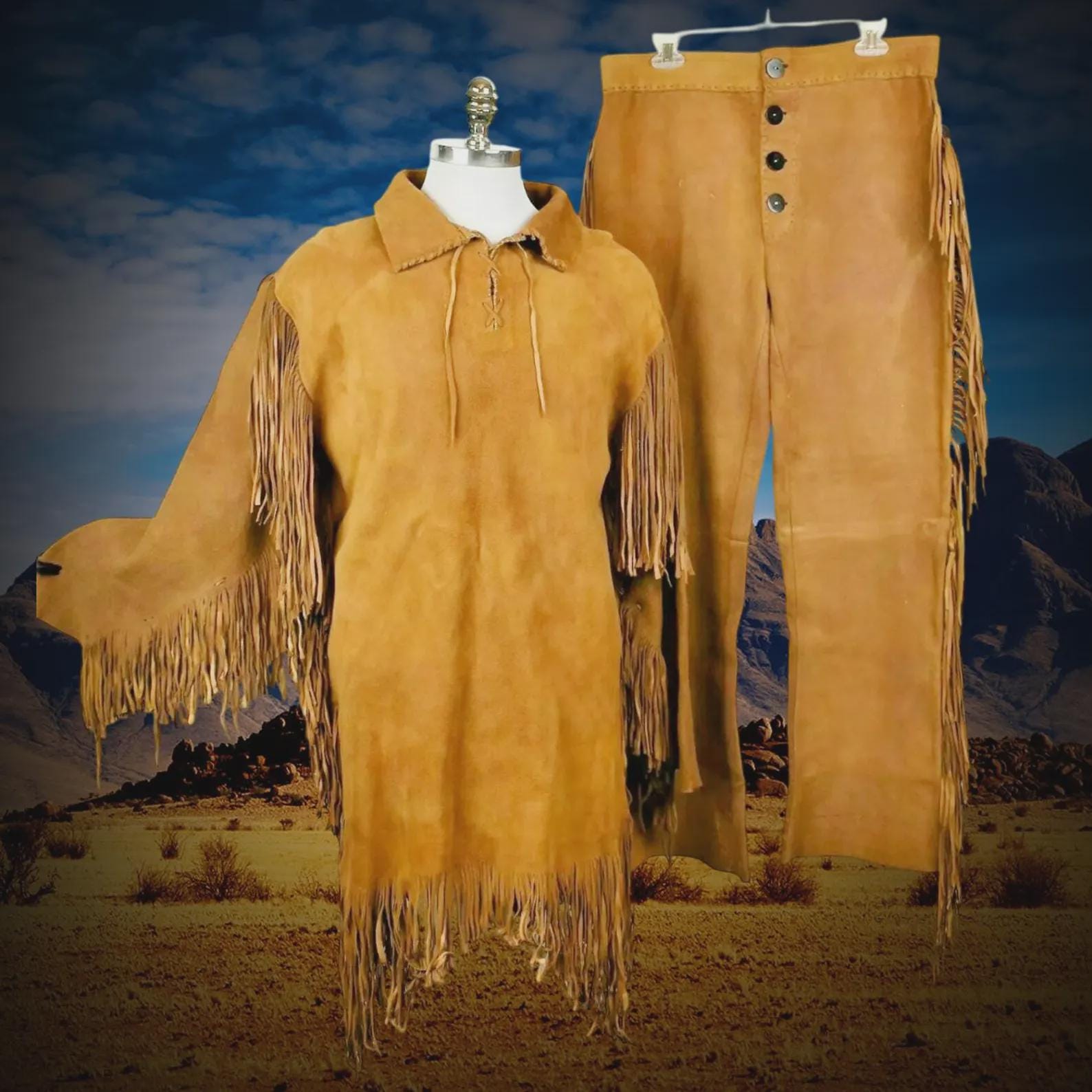 NewNative American Style Buckskin Leather Suit: Western Cowboy Outfit
