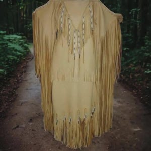 Women&#39;s Tan Leather Long Beaded Fringes Wedding Dress Powwow Regalia