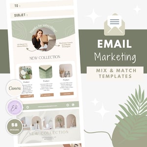Może przedstawiać: Projekt szablonu marketingu e-mailowego z jasnym zielonym i białym schematem kolorów. Projekt zawiera tekst "EMAIL Marketing" i "MIX & MATCH TEMPLATES". Szablon zawiera zdjęcie kobiety i tekst "NEW COLLECTION".