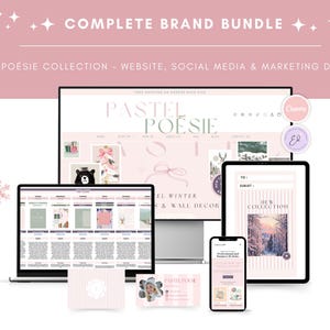 Op de afbeelding: Een complete merkbundel designkit met een website, social media en marketing designkit. De designkit bevat een laptop, desktop, tablet, telefoon en visitekaartje, allemaal met een pastelroze thema. De tekst op de afbeelding luidt "PASTEL POÉSIE COLLECTION".