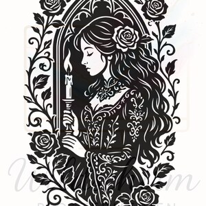 May include: Black and white illustration of a woman holding a candle, framed by roses and foliage. The woman is depicted in profile, wearing a dress with ornate detailing. The image has a gothic or romantic theme.