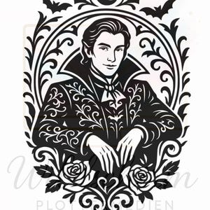 Könnte beinhalten: Schwarz-Weiß-Illustration eines Mannes in einem formellen Anzug, umgeben von dekorativen floralen und Fledermausmotiven. Der Mann hat dunkles Haar und ist in einem verzierten Rahmen positioniert, mit Rosen am unteren Rand. Das Bild hat ein gotisches oder Vampir-Thema.