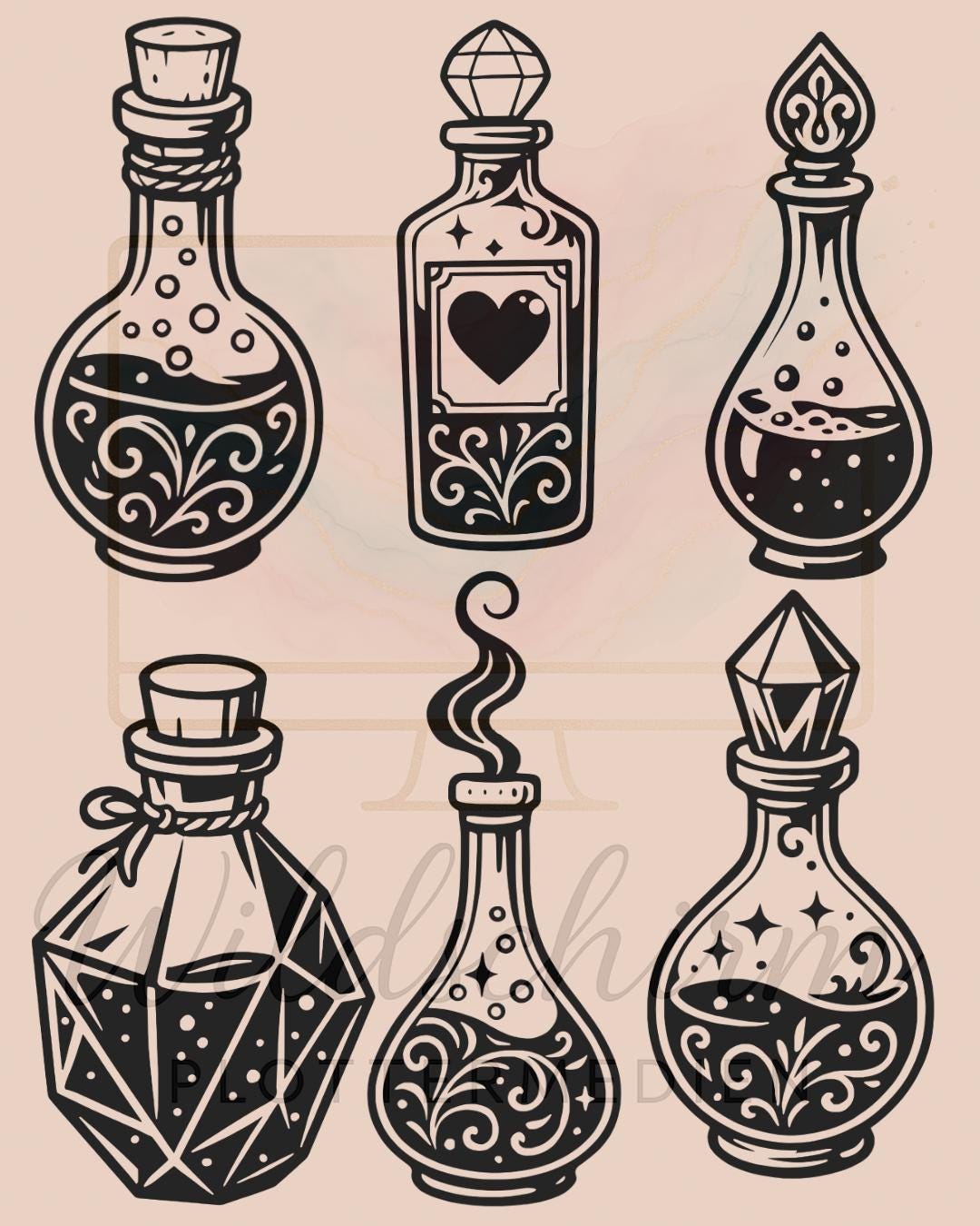 Potion Bottles Bundle | Mystical Magic Potion Line Art Clipart Black ...