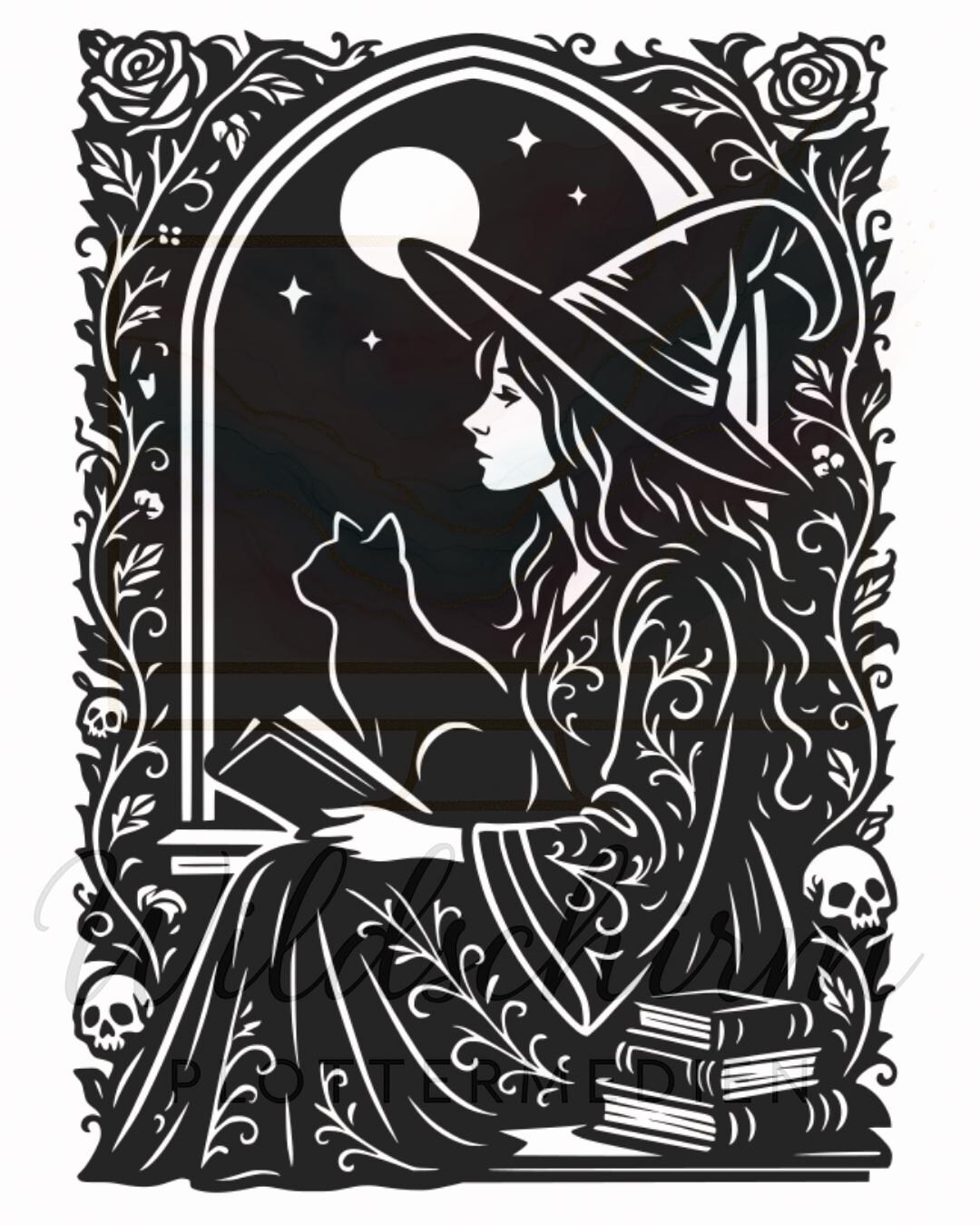 Witch With Cat SVG | Gothic Witch and Black Cat Under Moon | Halloween ...
