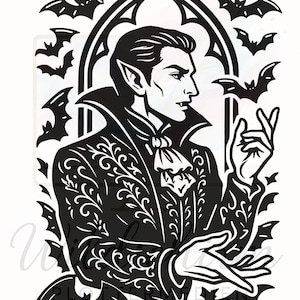 May include: Black and white illustration of a vampire with bats. The vampire is in profile, wearing a high-collared coat with ornate detailing. Bats surround the vampire and the arched window frame.
