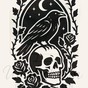 Cuervo con calavera • Ilustración gótica de calavera y cuervo • PNG SVG DXF • Diseño de fantasía oscura y bruja