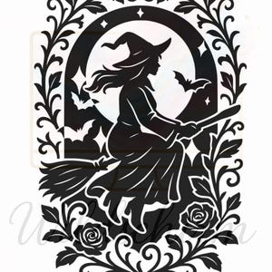 May include: Black silhouette of a witch riding a broom, framed by a decorative border with roses and leaves. The witch is wearing a pointed hat and flying in front of a full moon, with bats in the background. A Halloween-themed design.