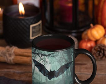 Starry Bat Mug , Spooky Forest Halloween Cup , Black Gothic Coffee Mug for Nature & Wildlife Lovers