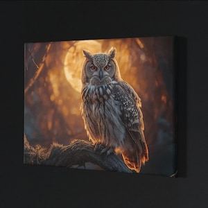 神秘的なフクロウのキャンバスプリント：ボヘミアン風野生動物アート、ハロウィンデコレーション