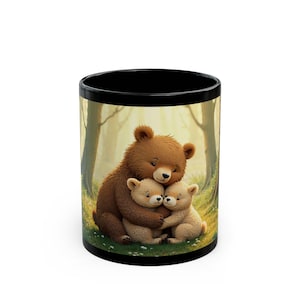Bear Mother and Cubs Black Coffee Mug - Wildlife Lover Gift