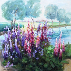 May include: A painting of a field of purple, pink, and white flowers with a blue pond in the background.  There are three trees in the background with a light blue sky.