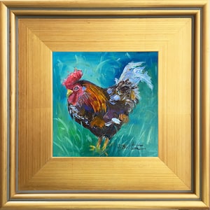 Brown Gold Rooster Oil Painting Portrait, Original Rooster Oil Painting, Chicken Painting,small painting, with 3&quot; wide gold Plein Air Frame