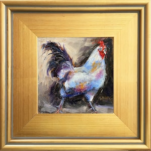 Rooster White Black Oil Painting Portrait, Original Rooster Portrait, Chicken Painting, small painting, with 3&quot; wide gold Plein Air Frame