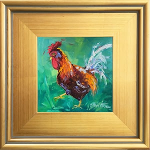 Brown Gold Rooster Oil Painting Portrait, Original Rooster Oil Painting, Chicken Painting,small painting, with 3&quot; wide gold Plein Air Frame