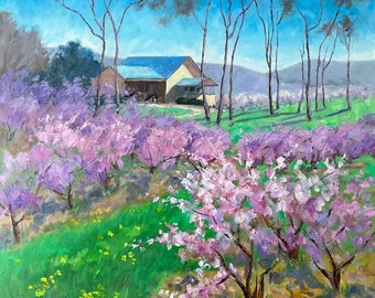 North Georgia Peach Blossom Spring Time, Landscape Portrait, 30”x30”, Gallery Wrap, Impressionist