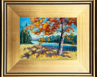 Dipinto originale ad olio "Lake Autumn Tree" con cornice dorata, impressionista, lago della Georgia settentrionale, arte paesaggistica del sud, superficie materica, moderno