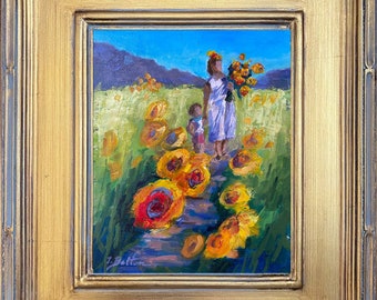 May include: A painting depicting a woman and child walking through a field of sunflowers. The woman is wearing a white dress and carrying a bunch of sunflowers. The child is wearing a blue shirt and red shorts. The sunflowers are painted in various shades of yellow, orange, and red.