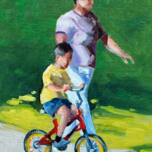 Bike Rider with yellow shirt, Biker with Mom, Original Oil Painting,  Fine Art Painting Portrait,  Modern still life, small panting, 10&quot;x8&quot;
