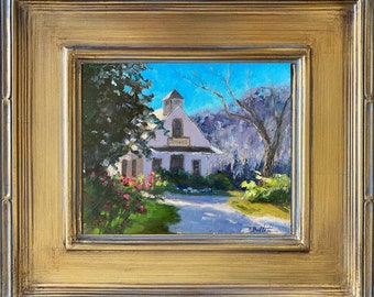 Chapelle de Caroline du Sud, Charleston, peinture à l'huile originale, 20 x 10 po. cadre doré, paysage du sud, chênes, mousse espagnole, impressionniste