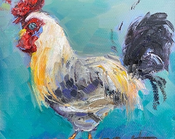 May include: A painting of a rooster with a red comb and wattle, white and grey feathers, and a black tail. The rooster is standing on a turquoise background.
