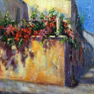 Village espagnol en Espagne, Paysage peinture de portrait moderne, Fleurs au soleil, Peinture dart, Peinture à lhuile originale,14x11,Article cadeau image 1