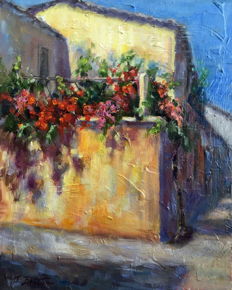 Village espagnol en Espagne, Paysage peinture de portrait moderne, Fleurs au soleil, Peinture dart, Peinture à lhuile originale,14x11,Article cadeau image 1