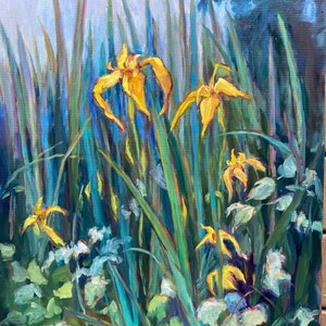 Lilies Iris yellow, Swamp Lilies, Original Oil Painting, Summer Flowers Portrait Still Life, Small Painting with Gold Frame, Impressionist