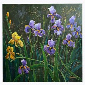 Retrato floral de íris, pintura acrílica original, pintura grande, 36&quot; x 36&quot;, pintura de íris barbada, pintura moderna contemporânea de flores de verão