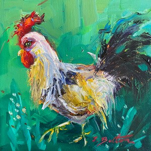 Rooster Oil Painting Portrait, White Black Rooster Painting, Original Oil Painting, Small Painting, Folkart, 6&quot;X6&quot;, Americana, Farm Animal