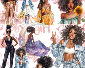 Black Girl Clipart Bundle: Fashionable Afro Girls, Denim Style (PNG Digital Download)