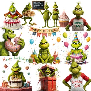 Peut inclure: Un collage d'illustrations mettant en scène un personnage vert ressemblant au Grinch dans diverses situations d'anniversaire. Les images incluent des gâteaux, des cupcakes, des ballons et le texte "Happy Birthday". Certains personnages portent des chemises avec les mots "Birthday Boy" et "Birthday Girl".