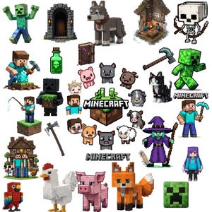 90 PNGs Minecraft PNG Cute Images, Steve, Alex, Creeper, Fox, Panda, Ender dragon, Cat Dog Mine Craft Stickers, clipart set, video game art