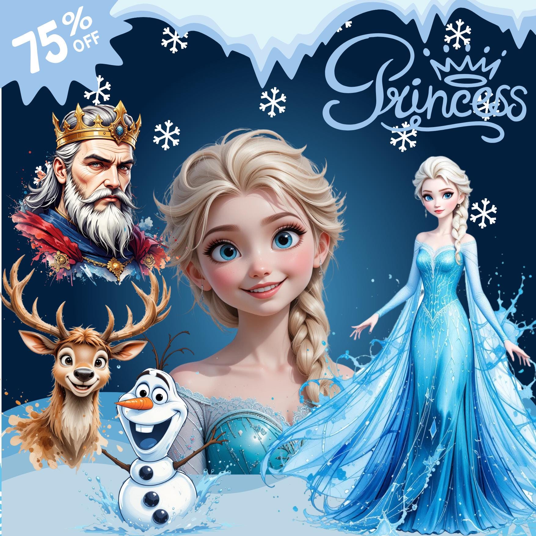 Frozen Cartoon Clipart Bundle: Princess, Snowflakes, Ice Castle (PNG Digital Download)