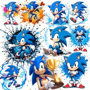 May include: A collection of vibrant illustrations featuring Sonic the Hedgehog in various action poses. The images showcase the character in dynamic stances, with splashes of color and energetic backgrounds. The artwork includes Sonic holding a trophy and striking poses.