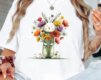 Cute Bunny Shirt, Easter Shirt Women, Spring Shirt, Bunny Lover Gift, Floral Bunny Tee, Womens Graphic Tee, Cottagecore Shirt