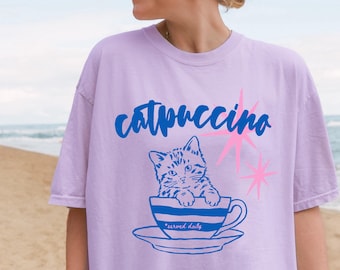 Cattpuccino Shirt, Cat Coffee Shirt, Cute Cat Lover Tee, Funny Cat Mom Gift, Retro Coffee Lover T Shirt, Comfort Colors Tee, Gift for Her