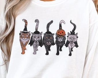 Koszulka z kotem na Halloween, Koszulka z kotem, Koszulka z kotem czarownicą w komfortowych kolorach, Zabawna bluza z kotem na Halloween, Upiorna jesienna koszulka z kotem, Prezent dla miłośnika kotów
