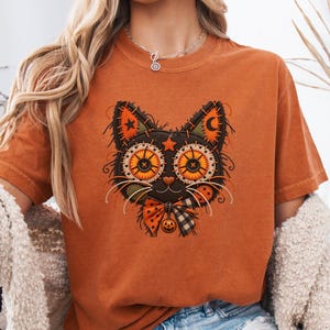 Halloween Cat Shirt, Spooky Black Cat Tee, Patchwork Cat Shirt, Cute Halloween Shirt, Vintage Halloween Tee, Comfort Colors Fall Shirt