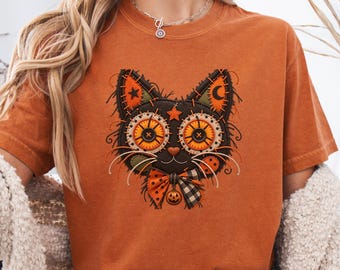 Halloween-Katzen-Shirt, Gruseliges schwarzes Katzen-T-Shirt, Patchwork-Katzen-Shirt, Niedliches Halloween-Shirt, Vintage-Halloween-T-Shirt, Comfort Colors Herbst-Shirt