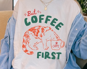 Cute Cat Shirt, Funny Coffee Shirt, Vintage Graphic Tee, Comfort Colors Tee, Trendy Oversized Shirt Gift for Women, Funny Cat Shirt