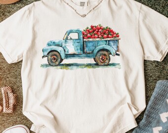 Strawberry Truck Shirt, Festive Strawberry Shirt, Farm Fresh Berry Shirt, Cottagecore Summer Fruit Shirt, Retro Pickup Graphic Tee