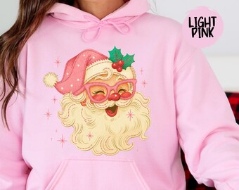 Sudadera navideña rosa de Papá Noel, camiseta navideña retro, cuello redondo vintage de Papá Noel, camiseta navideña rosa, regalo navideño para mujer, familia a juego