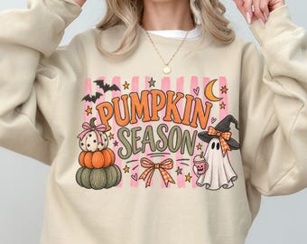 Kürbis-Sweatshirt, süßes Halloween-Sweatshirt, Retro-Geister-Kürbis-Sweatshirt mit Rundhalsausschnitt, Halloween-Shirt, gruseliges Herbst-Sweatshirt für Damen