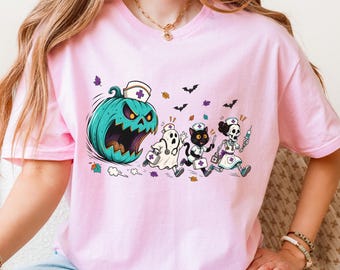 Halloween-Krankenschwester-Shirt, lustiges Halloween-Krankenschwester-T-Shirt, gruseliges Krankenschwester-T-Shirt, Shirt mit Geister-Skelett- und schwarzer Katzenmotiv, süßes Halloween-Geschenk für Krankenschwestern